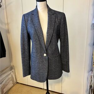 Ann Taylor Navy Blue Herringbone Blazer with Satin Trim